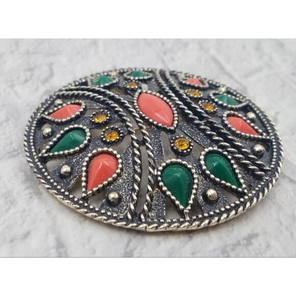 Vintage Emmons Convertible Brooch Pendant – Faux Coral  & Jade – Boho Book Piece - Picture 3 of 10